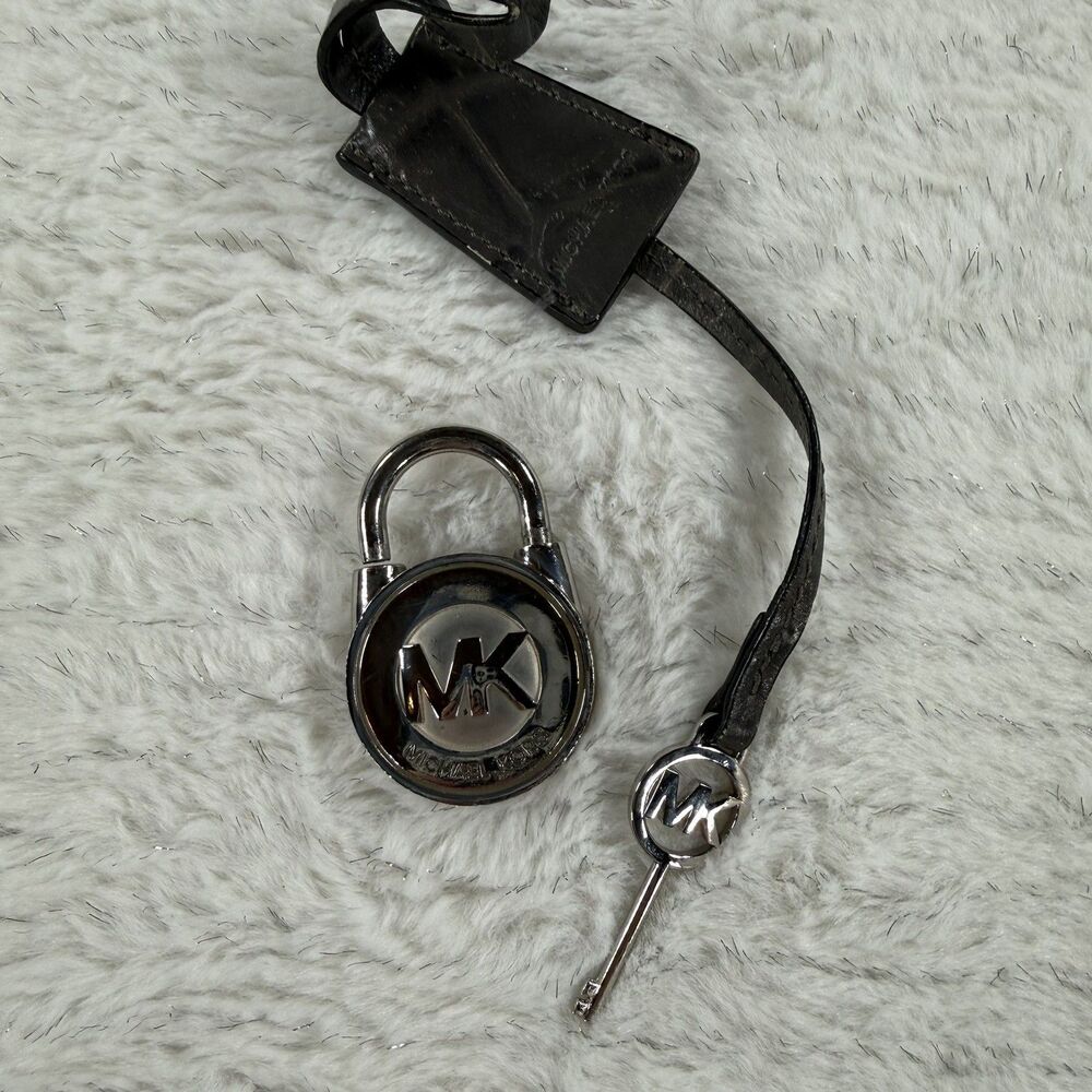 MICHAEL KORS Large Silver MK Logo Lock And Gray Leather Strap Key Handbag Charm